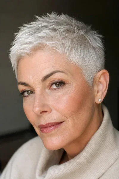 Cropped silver pixie haircut for bold statement — close-cropped gray hair styling