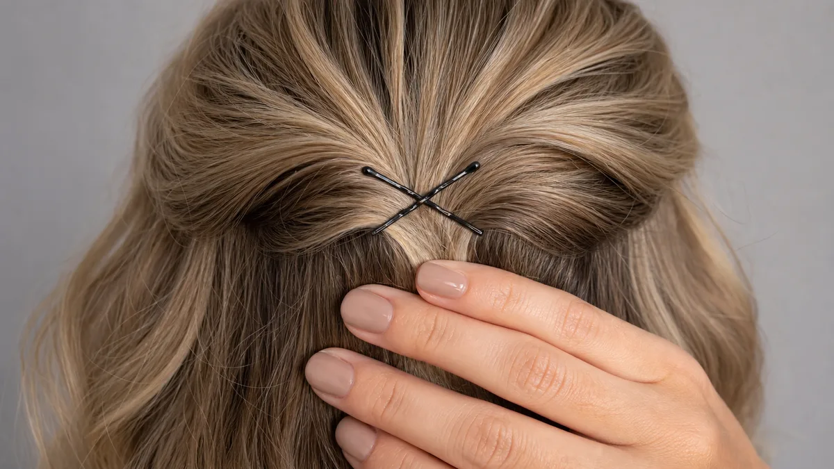 12 Half Up Half Down Hairstyles for Every Hair Type 6 Close-up of cross-pin bobby pin technique securing half-up hairstyle at crown, how to use bobby pins for half-up styles