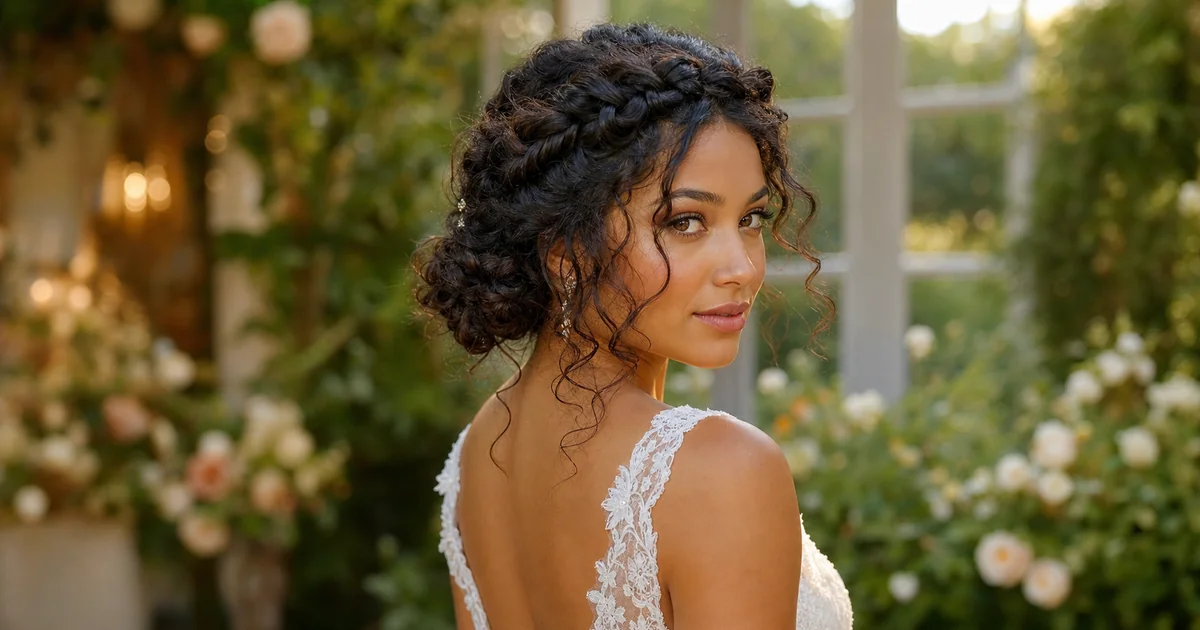 Crown braid updo — bohemian bridal style with height and structure