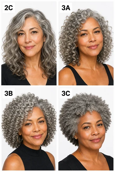 25 Short Curly Haircuts for Women Over 50 That Look Effortlessly Chic 3 curl pattern chart for women over 50 — comparing 2C 3A 3B 3C curl types on gray hair