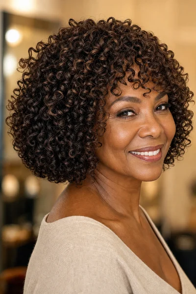 12 Flattering Short Haircuts With Bangs for Women Over 50 10 Curly bob with defined fringe for naturally curly hair, woman over 50