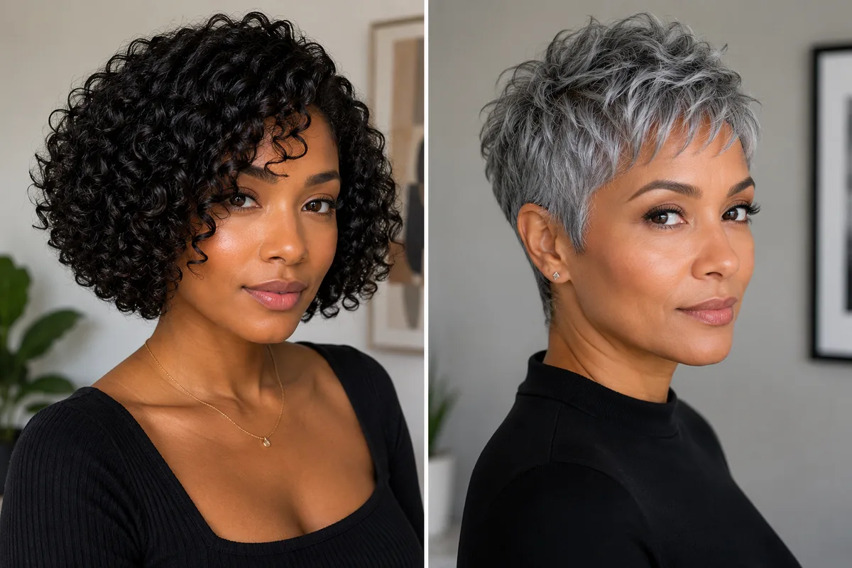 Pixie Cut vs Short Bob: Which Is Right for You? 5 Curly bob on a woman with natural 3C curls on the left and a textured pixie cut on a woman with silver gray hair on the right, showing how both styles work on different hair textures