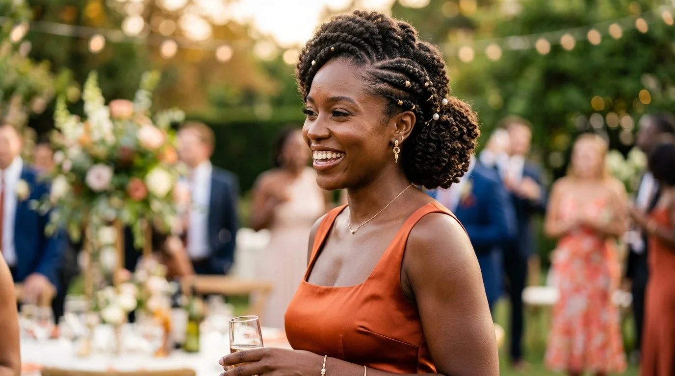 Braided updo for curly and coily hair, wedding guest version with natural texture