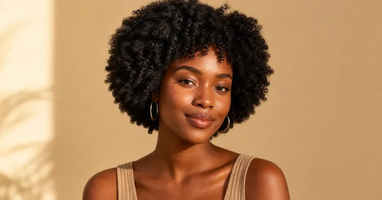 Black woman with defined 4C coils styled in a short rounded afro, natural curly hairstyle for type 4 hair
