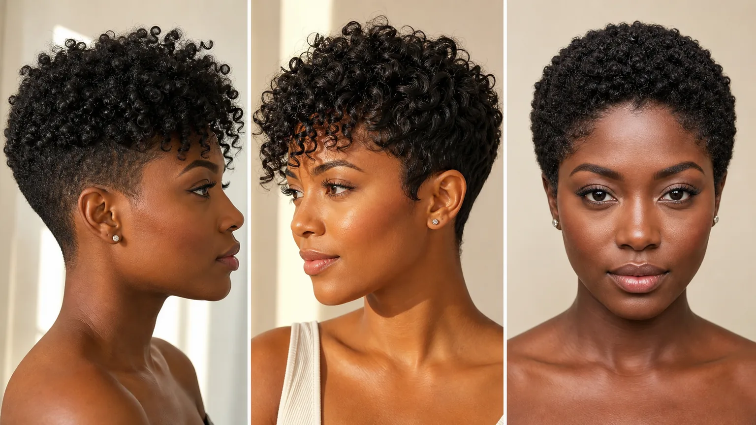 20 Stunning Curly Hairstyles for Women With Natural Hair in 2026 3 Three short curly hairstyles for natural hair: tapered cut, pixie, and TWA styles on women with type 4 coils