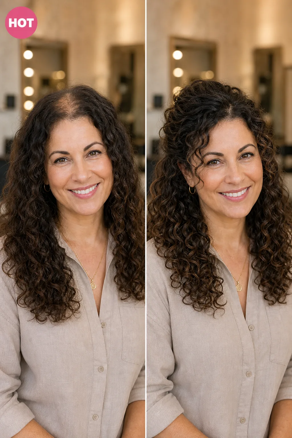 Before and after: curly half-up hairstyle styled over hair topper to hide attachment points.