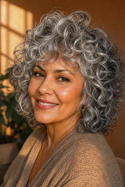 Curly silver shag haircut for gray natural curls and coils
