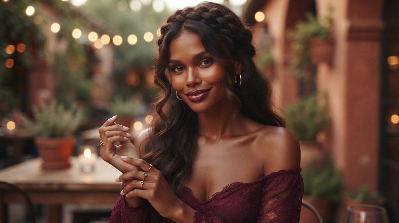 Soft partial date-night halo braid with loose face-framing pieces and waves