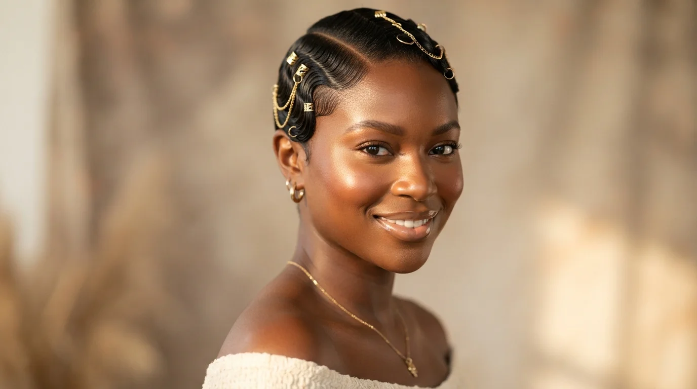 20 Finger Wave Hairstyles for Black Women With Short Hair 25 Deep-parted finger waves with gold hair jewelry — bold statement hairstyle with decorative cuffs