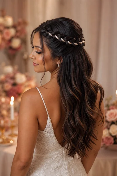 Double braid half-up wedding hairstyle with ribbon — romantic bridal style for oval and long face shapes with medium to long hair