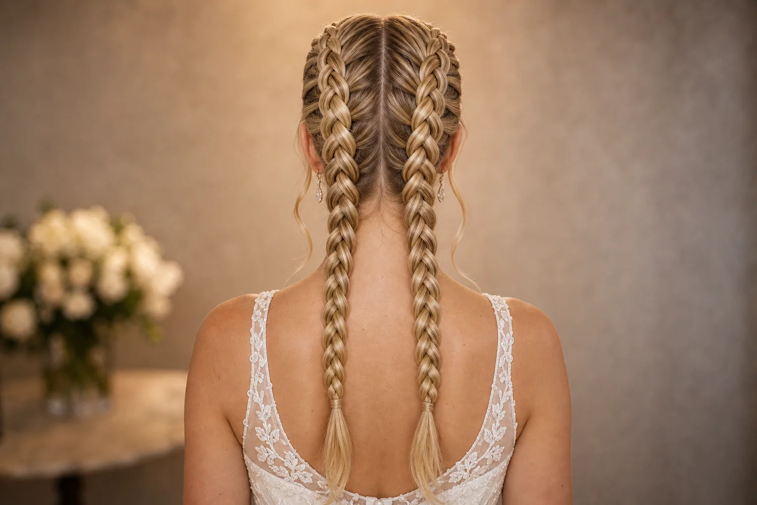 Double braided bridal hairstyle for long straight hair