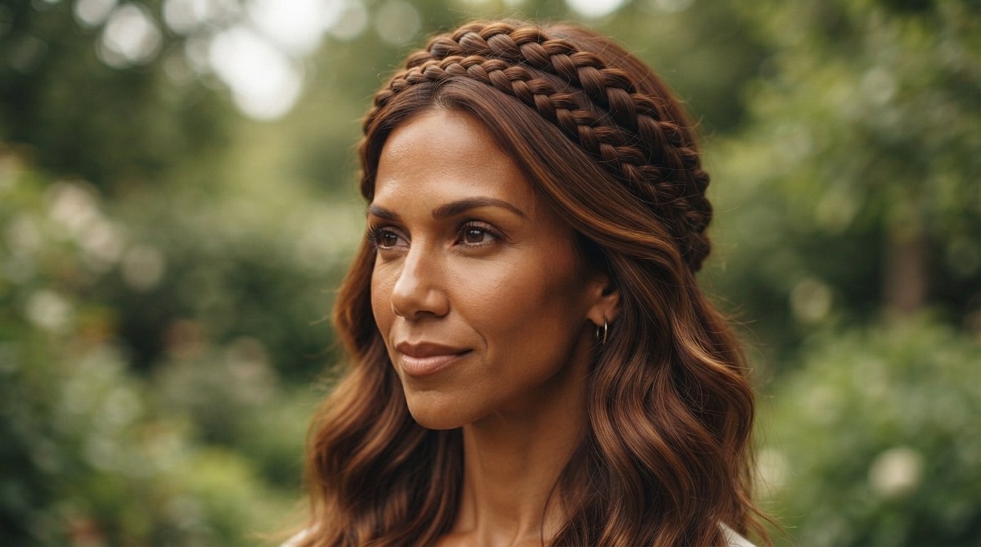Double halo braid hairstyle showing two stacked parallel braids on medium-length brown hair