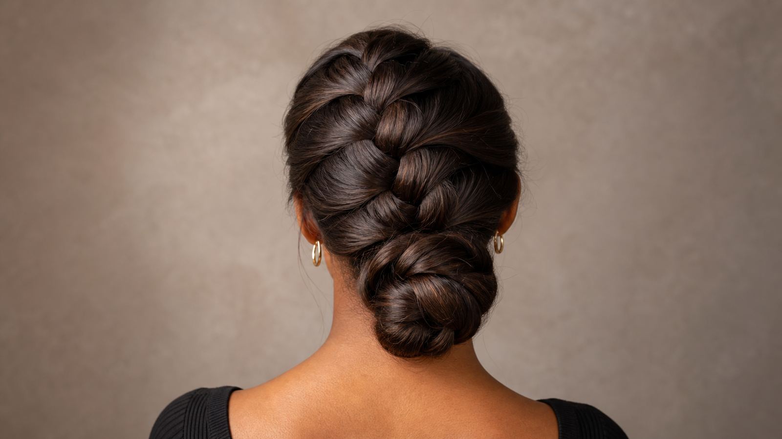 Dutch braid bun hairstyle on long hair — low, secure updo for work or formal events