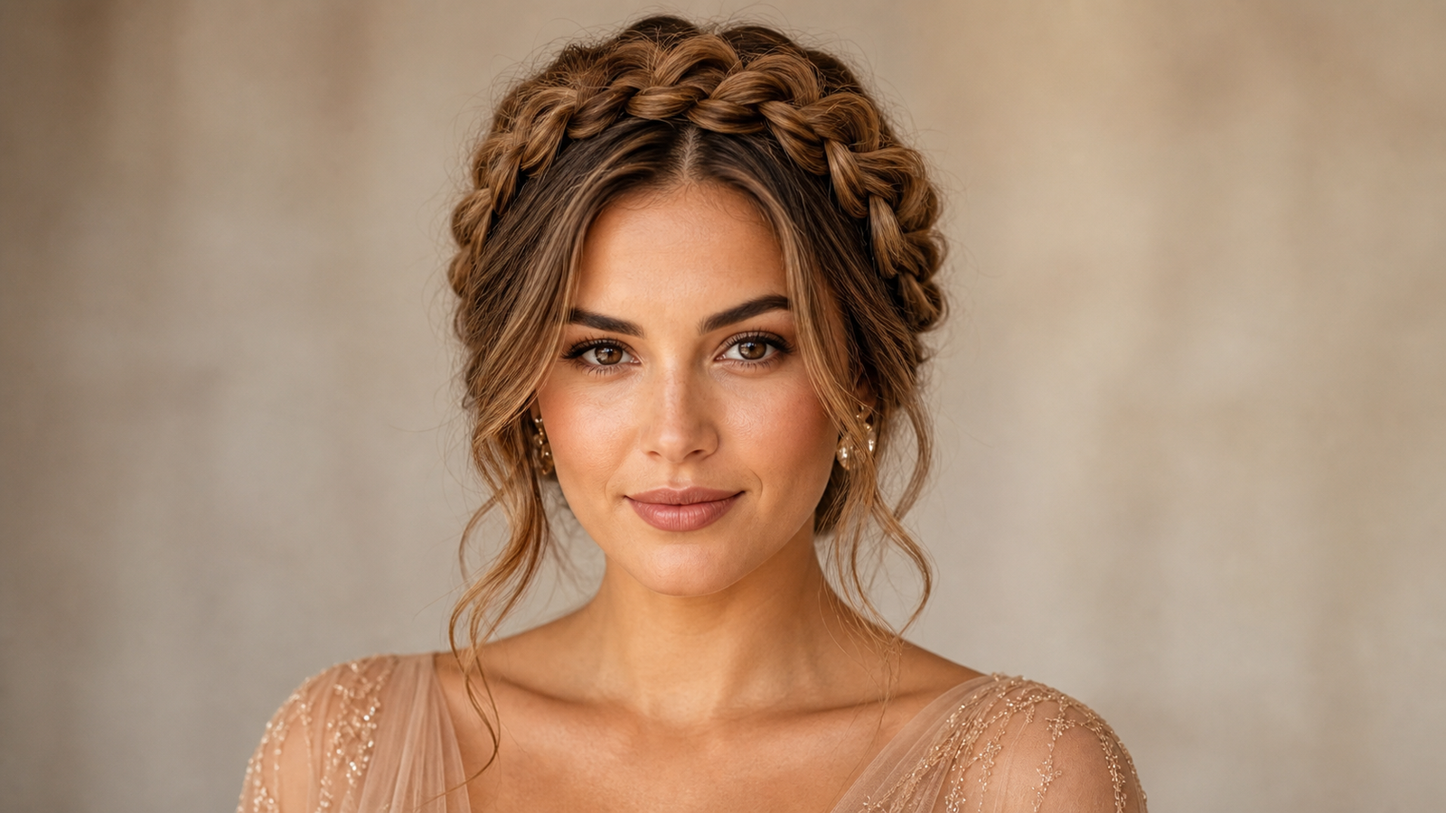 Dutch braid crown hairstyle for formal events and weddings — halo-style updo
