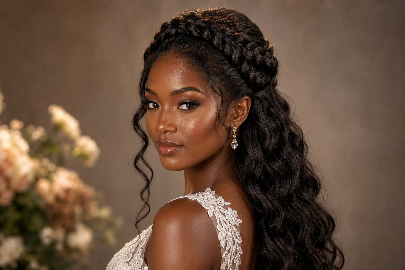 Dutch braid crown bridal hairstyle with loose waves — protective and romantic