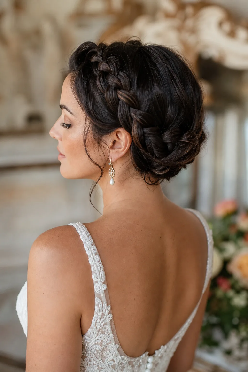 Dutch braid crown wedding hairstyle for short hair, braid-under technique, wrapped crown detail