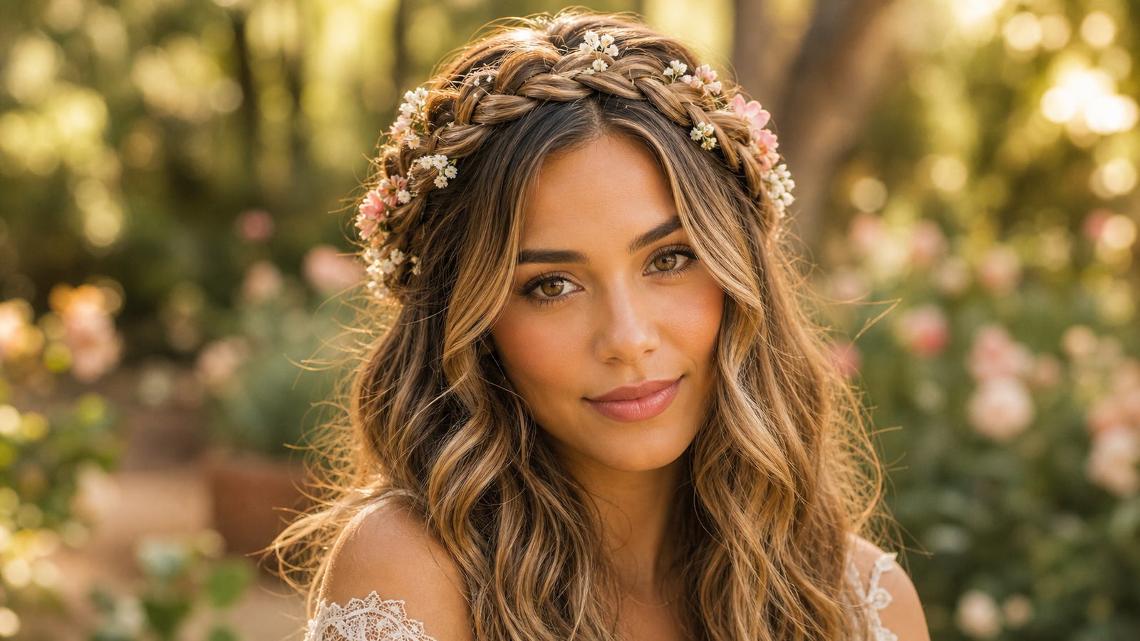 Dutch braid flower crown with floral clips — romantic festival hairstyle with woven flowers