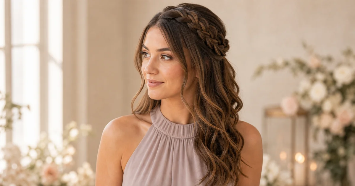 5 Half-Up and Braided Bridesmaid Hairstyles for Any Neckline 6 Dutch braid into half-up bridesmaid hairstyle.