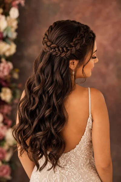 Dutch braid half-up crown wedding hairstyle — romantic bridal style for oval and round face shapes with thick hair