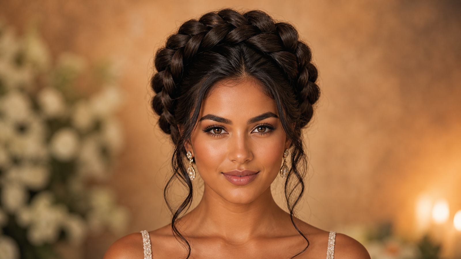 Dutch braid halo updo on thick, long hair — dramatic formal updo for weddings