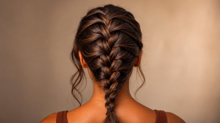 Dutch braid hairstyle tutorial — close-up back view of raised 3D-textured braid starting at crown
