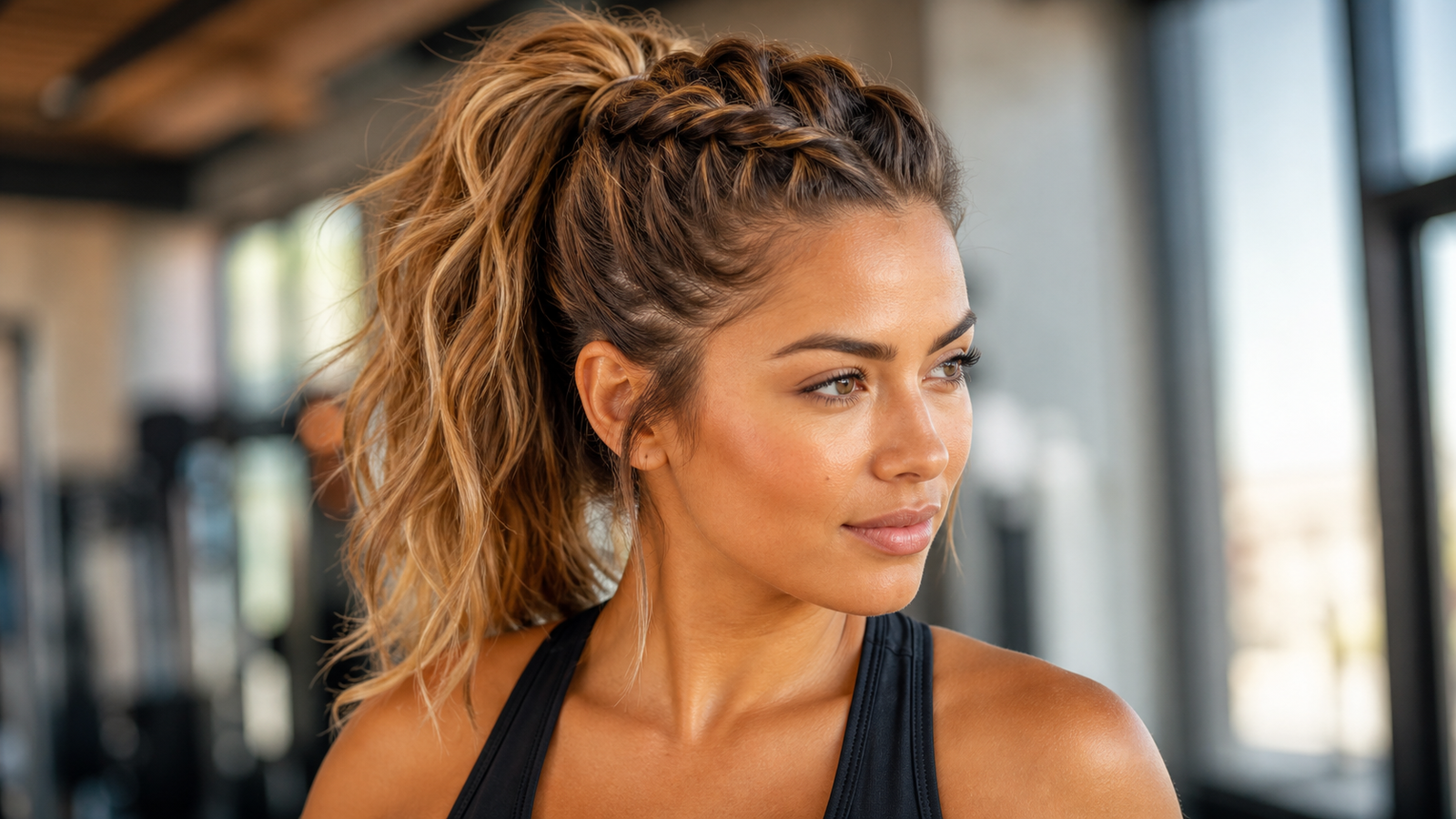 Dutch braid high ponytail hairstyle — secure active style with braid feeding into high pony