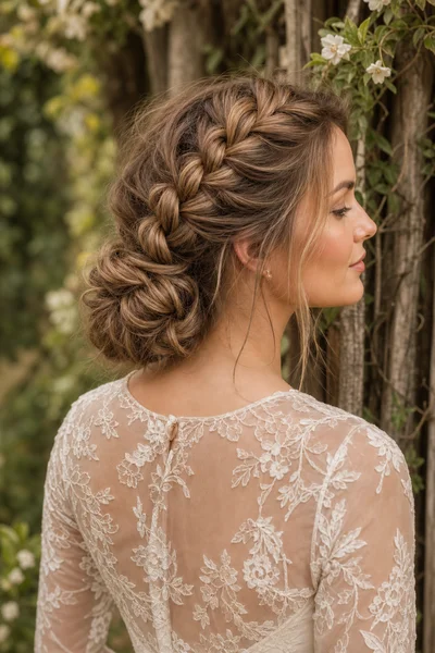 16 Rustic Wedding Hairstyles for Every Hair Length 14 Woman with Dutch braid flowing into textured low bun, rustic garden with climbing flowers