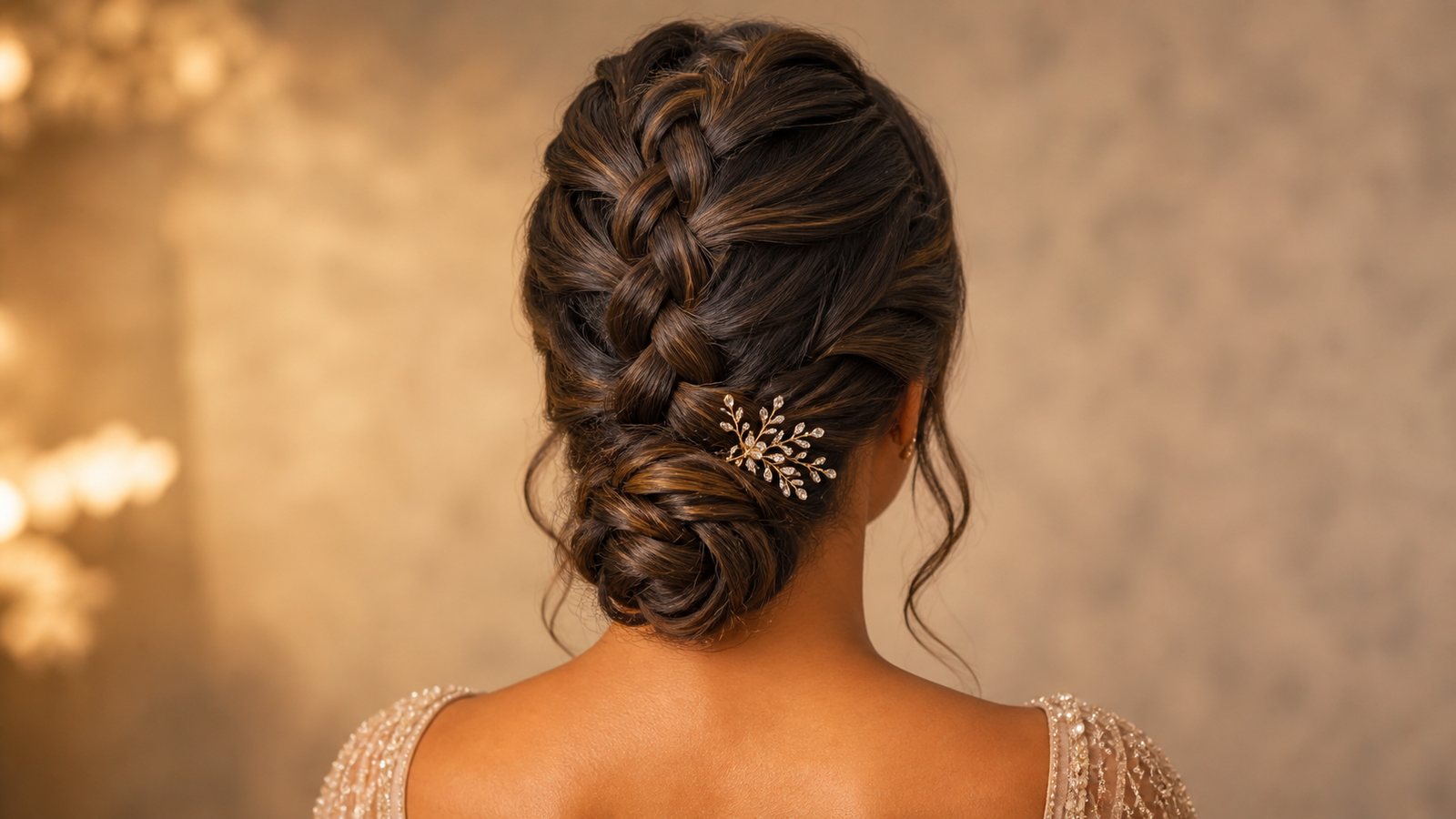 Dutch braid low bun with decorative hairpin — elegant updo accessory for formal wear