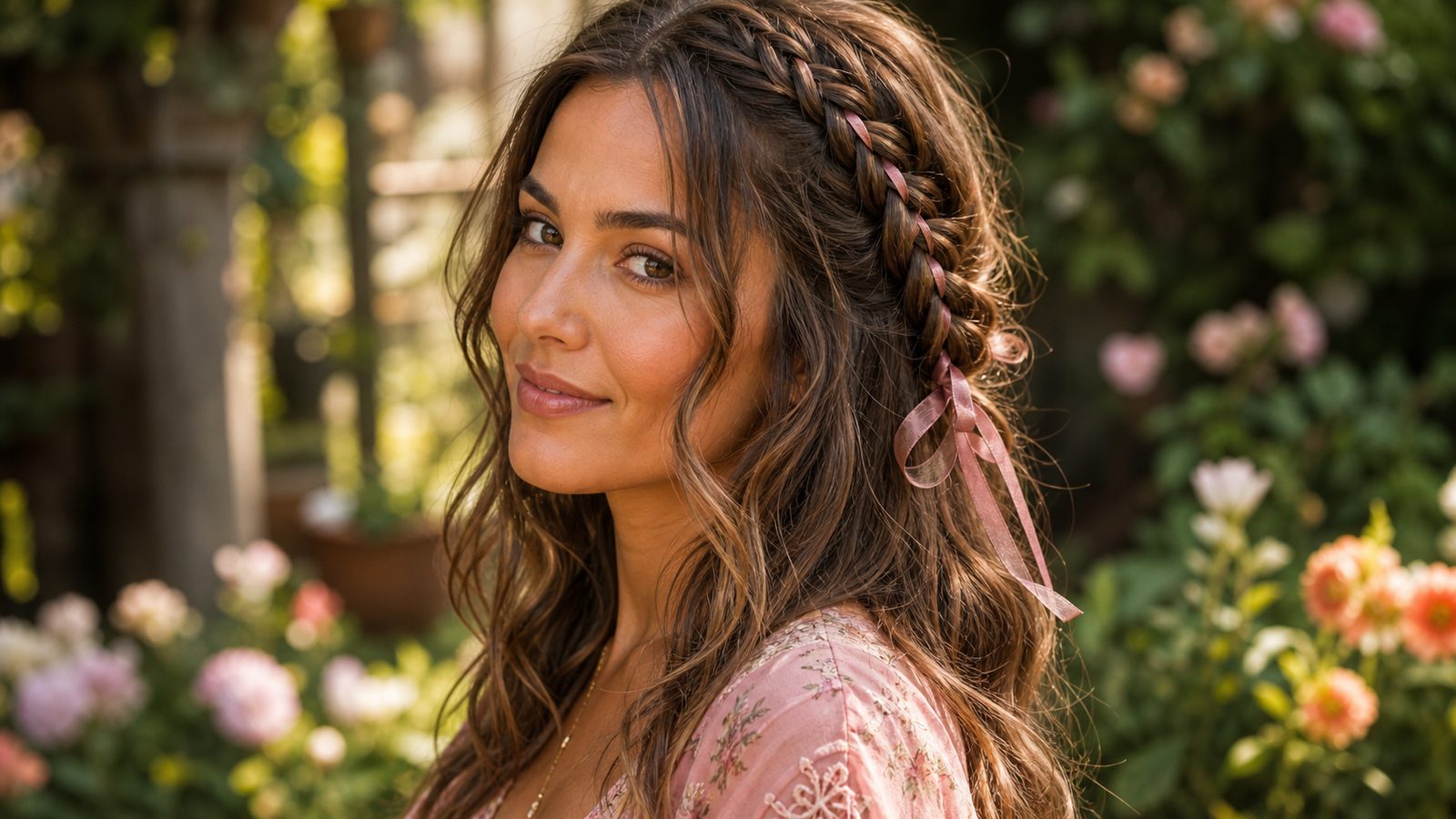 Dutch braid with woven ribbon detail — boho hairstyle with decorative ribbon accent