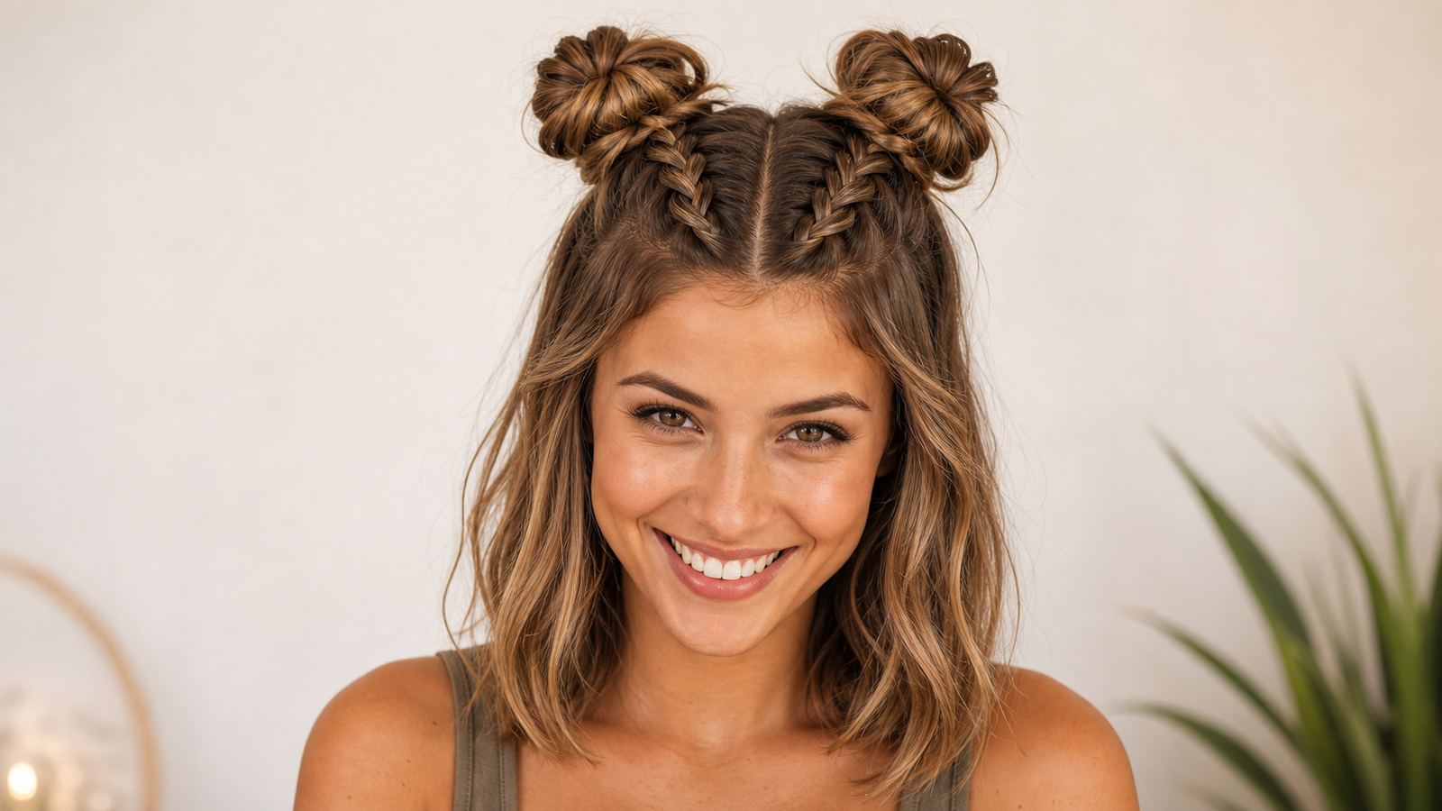 Dutch braid space buns hairstyle — fun, playful dual buns with braids on medium hair