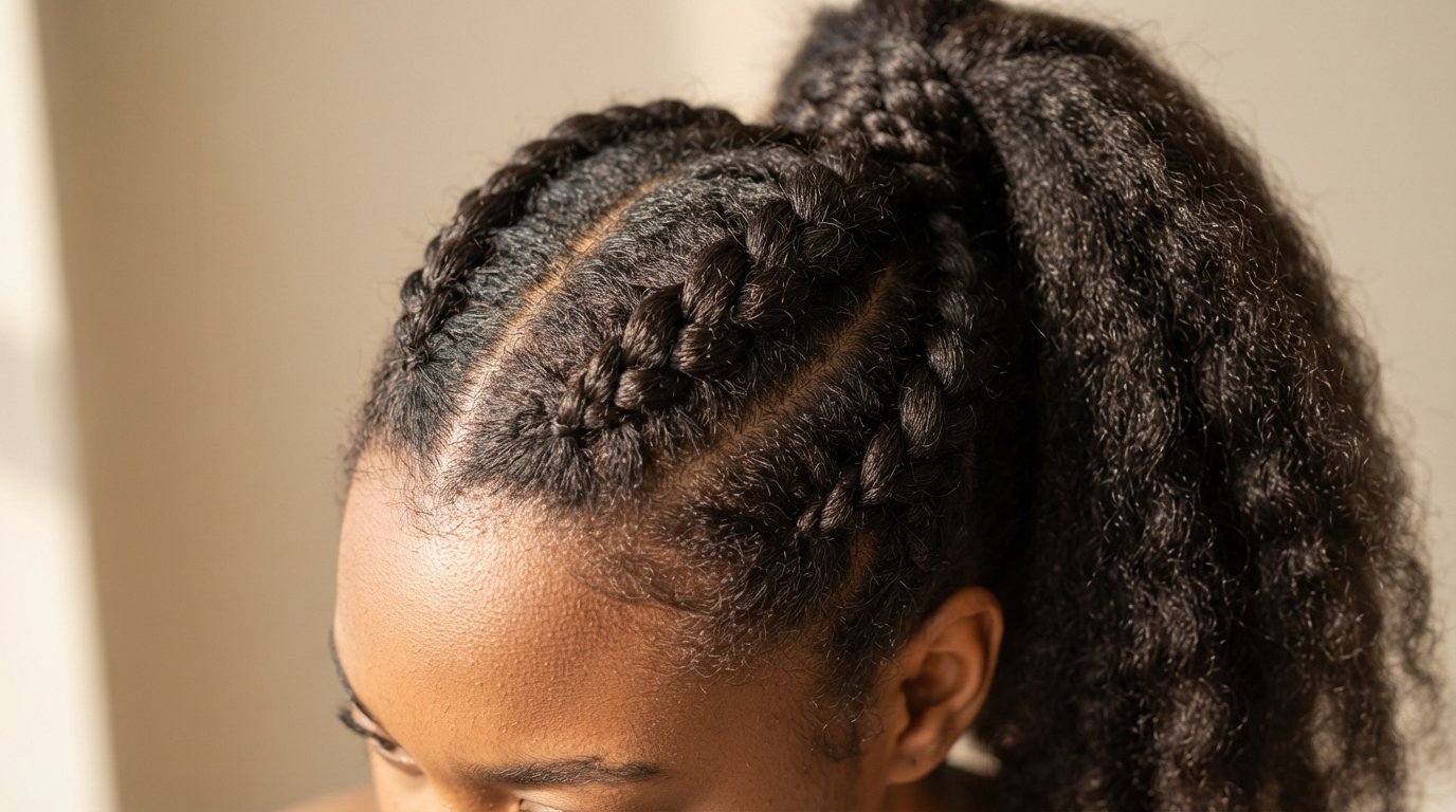 12 Braided Ponytail Ideas for Workouts and Everyday Wear 3 Close-up of raised Dutch braid ponytail showing textured braid pattern on thick natural hair