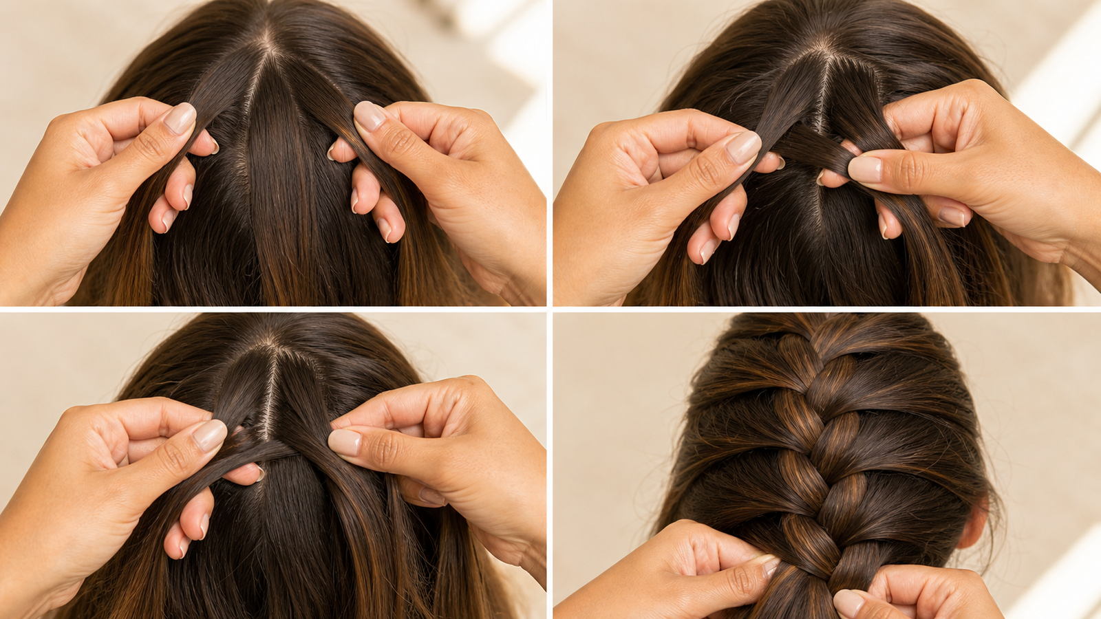 How to Dutch braid step-by-step technique guide — four-step hands-on tutorial showing under-cross motion