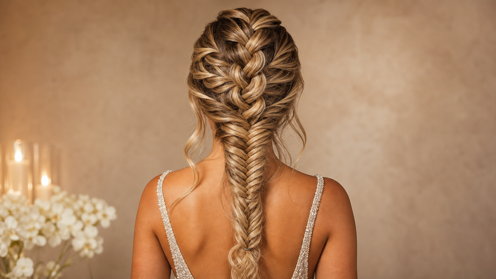 Dutch braid fishtail combo updo on long layered hair — bridal-party-ready formal hairstyle