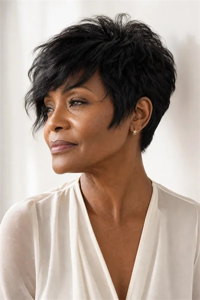 25 Flattering Short Layered Haircuts for Women Over 50 3 face-framing layered pixie haircut on Black woman over 50 from side angle