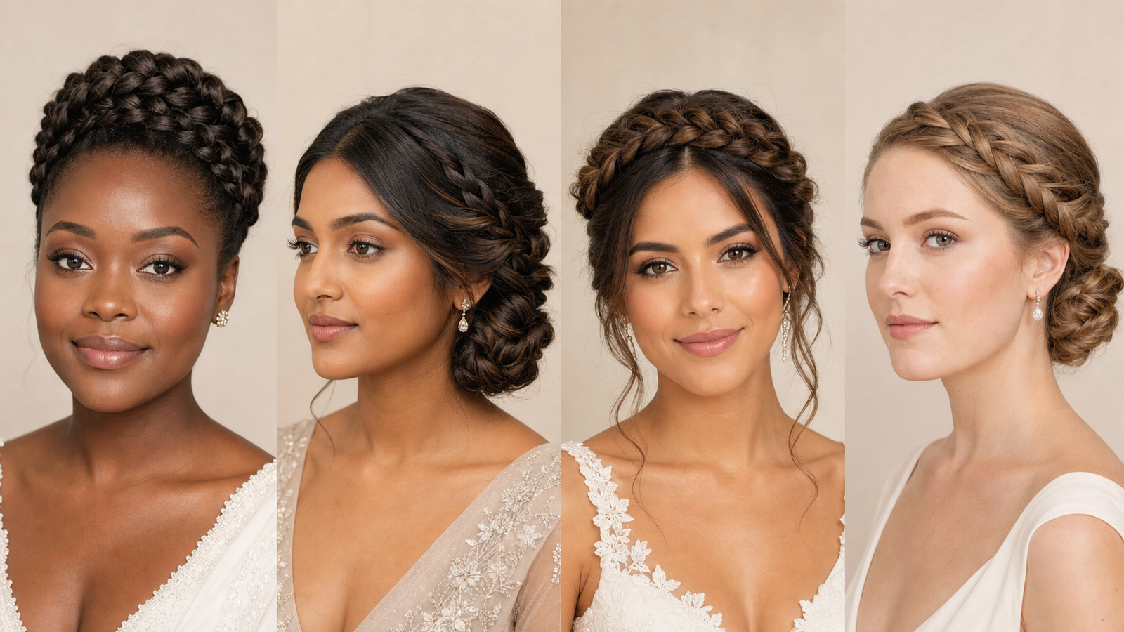 Face shape guide showing the best braided updo hairstyle for round, oval, heart, and long face shapes