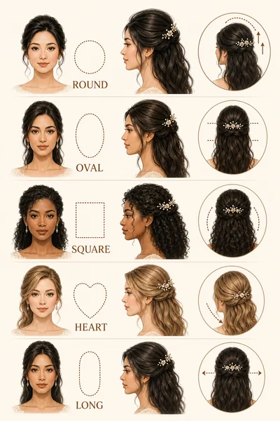 Face shape guide for choosing the best half-up wedding hairstyle — round, oval, square, heart, and long faces