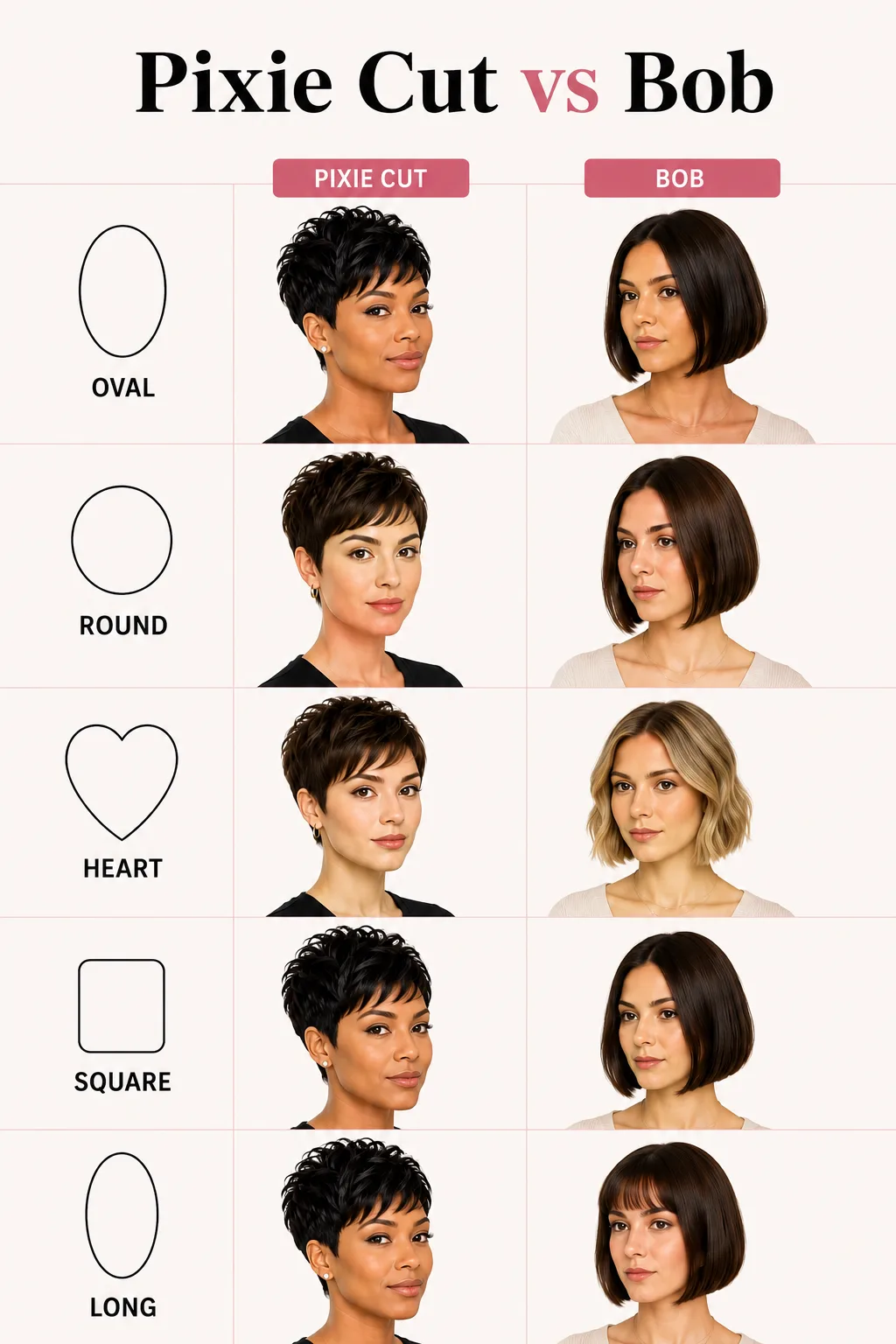 Pixie Cut vs Short Bob: Which Is Right for You? 4 Face shape guide for choosing between pixie cut and short bob showing oval, round, heart, square, and long face shapes with recommended haircuts