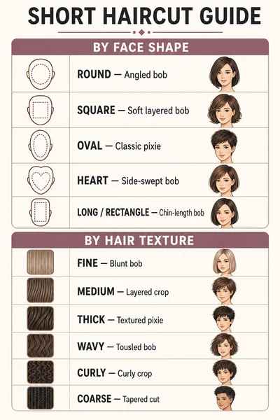 Face shape and hair texture guide chart showing short haircut recommendations for round, square, oval, heart, and long faces paired with fine, medium, thick, wavy, and curly hair types