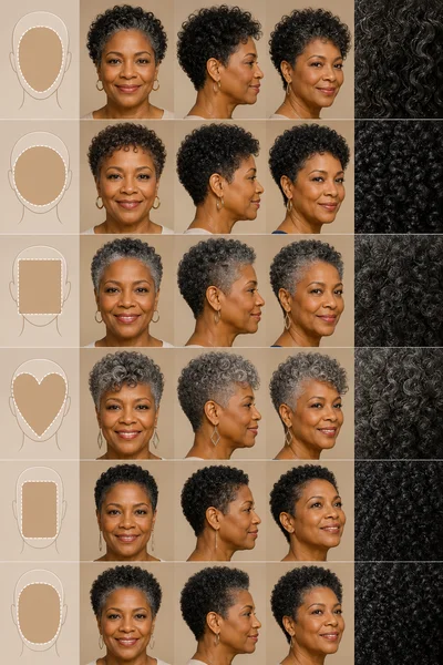 35 Short Haircuts for Black Women Over 50 That Look Stunning in 2026 3 Face shape guide for short haircuts — oval, round, square, heart, and long faces with hair texture types 4a 4b 4c