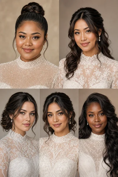 How to Choose Your Wedding Hairstyle Step by Step 3 Bridal hairstyles for different face shapes — high sleek bridal bun, romantic half-up style, loose romantic bun, half-up with face-framing pieces, and voluminous waves
