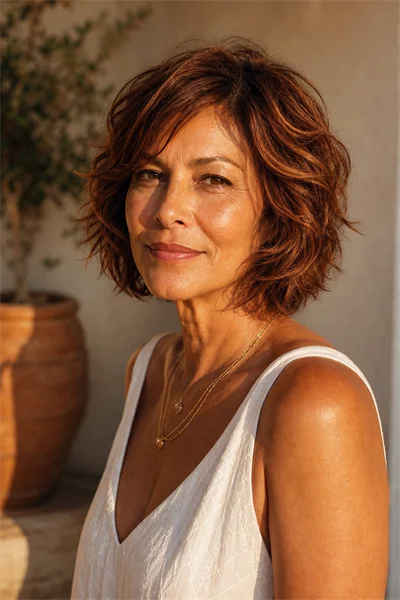 25 Flattering Short Layered Haircuts for Women Over 50 16 feathered layered bob for wavy hair on Latina woman over 50