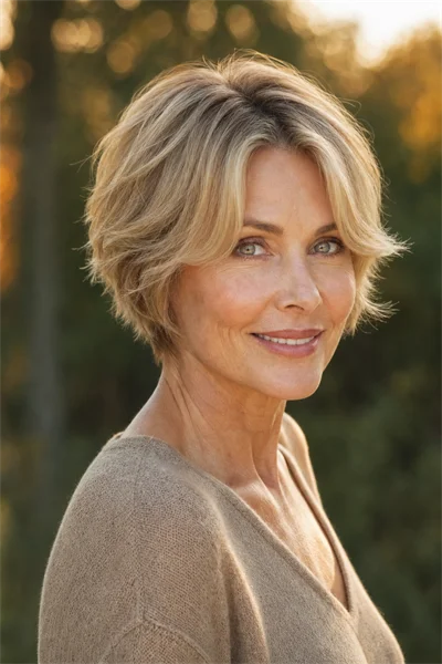 soft feathered crop with curtain bangs for fine hair — middle-parted bangs and gentle layering throughout