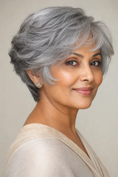 Feathered gray crop with fine wispy layers framing the face