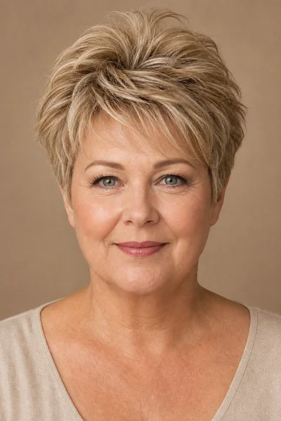 Woman with a round face shape wearing a feathered pixie cut with soft wispy layers at crown and temples