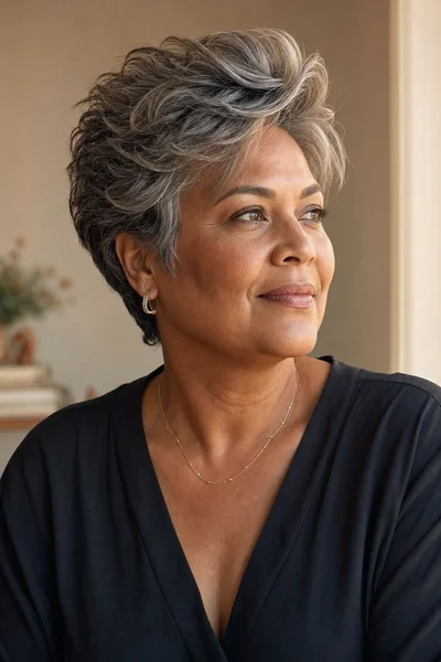 Feathered pixie with layers directed away from round face on thick hair