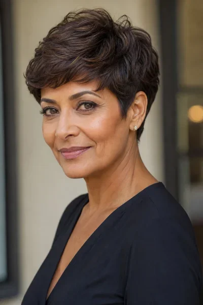 Feathered pixie haircut with soft layered movement for mature women