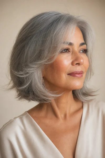 feathered silver bob haircut for women over 50 — soft fine layers at ends for a gentle, wispy finish