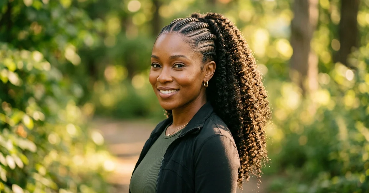 12 Braided Ponytail Ideas for Workouts and Everyday Wear 5 Feed-in braid ponytail on natural coily hair showing gradual hair addition and protective styling technique