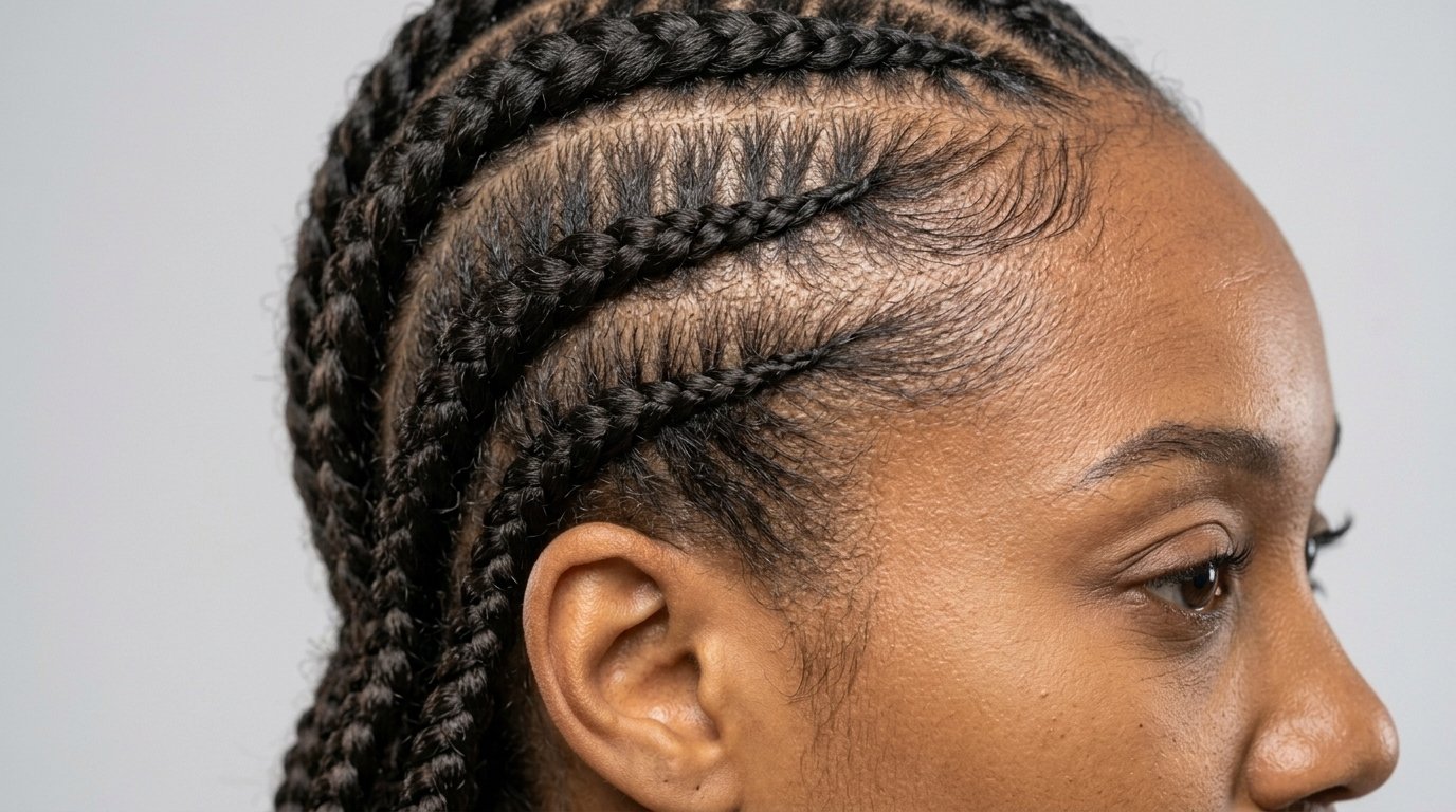 22 Cornrow Hairstyles That Are Protective and Stylish 5 Feed-in cornrow braids technique showing natural hair seamlessly blending with extensions at the hairline.