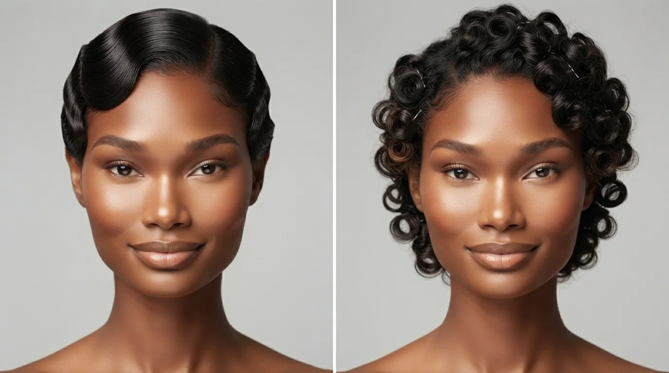 20 Finger Wave Hairstyles for Black Women With Short Hair 3 Side-by-side comparison of finger waves versus pin curls on short natural hair